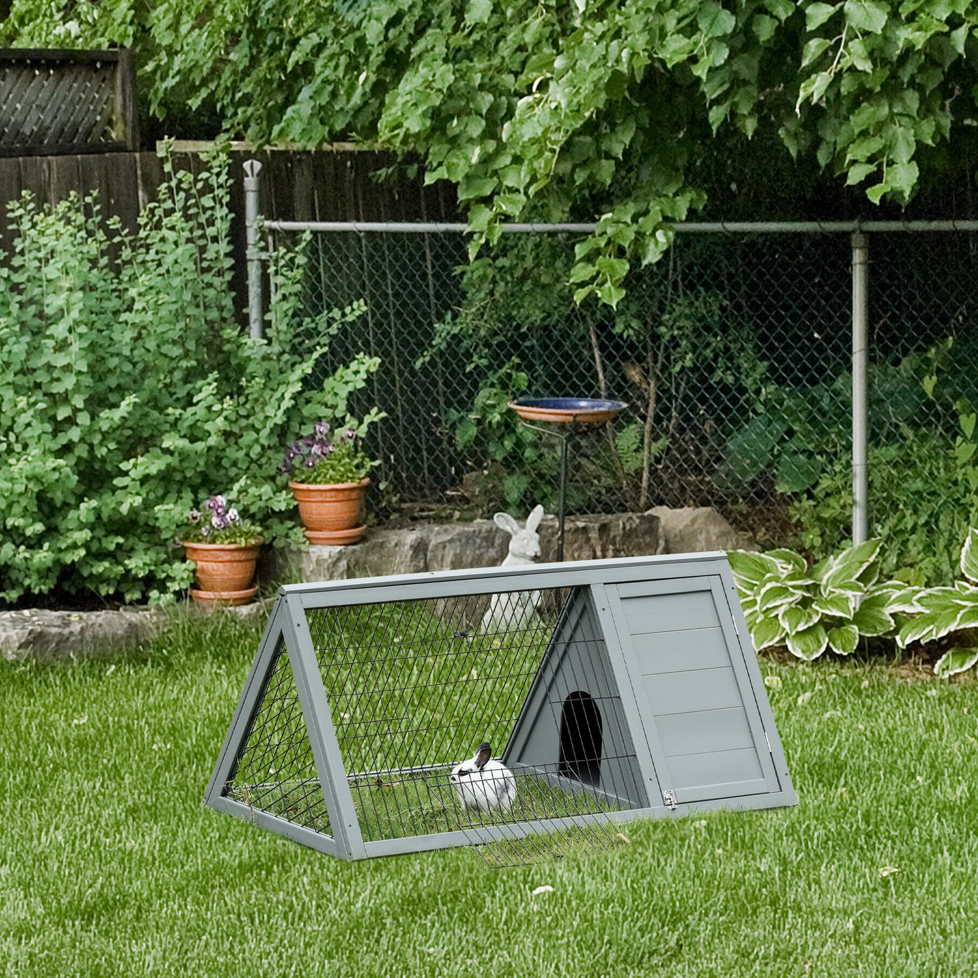 PawHut 46" x 24" Wooden A-Frame Outdoor Rabbit Cage Small Animal Hutch with Outside Run & Ventilating Wire, Gray