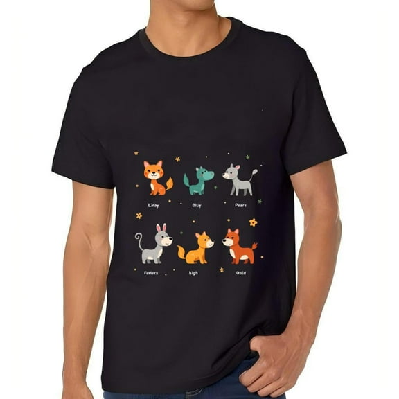 Colorful Cartoon Animals Graphic Tee - Black Cotton Short Sleeve T-Shirt for Men with Foxes Fish and More
