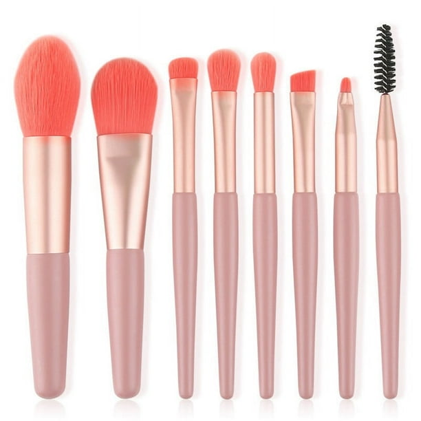 Nvzi Juego de brochas de maquillaje en miniatura, 8 piezas, kit de brochas de maquillaje para viajes, brochas cosméticas para rostro, base, rubor, sombra de ojos (rosa)