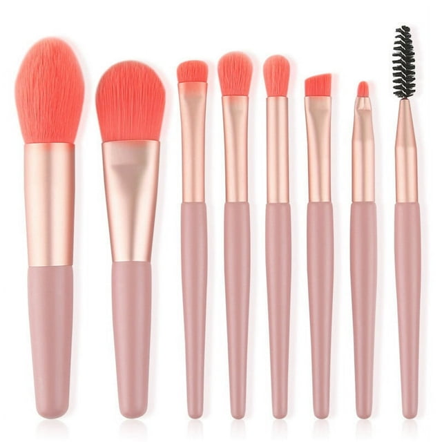 Nvzi Juego de brochas de maquillaje en miniatura, 8 piezas, kit de brochas de maquillaje para viajes, brochas cosméticas para rostro, base, rubor, sombra de ojos (rosa)