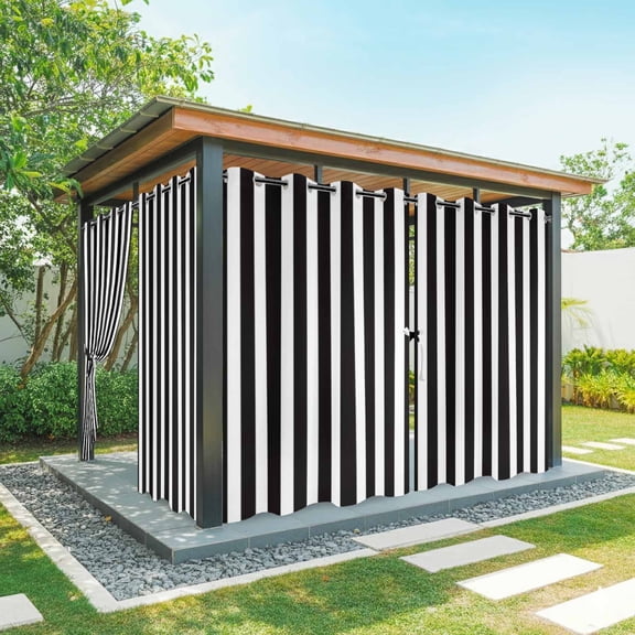 Black and Outdoor Curtains for Patio, White Stripe Waterproof Outside Curtains Privacy Blackout Curtain for Porch Pergola Cabana, 2 Panel 54W x 84L Inch