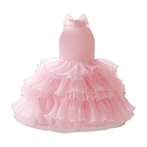Bobifish Toddler Girls Dress Halter Satin Bow Multi-Layer Sleeveless Ruffle Cake Party Dress Birthday Wedding Kids Girls Dresss