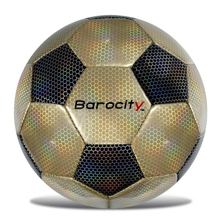 Barocity Black and Gold Size 4 Soccer Ball - Premium Outdoor and Indoor Soccer Ball with Reflective Iridescent Rainbow Hex Pattern Cool Boys and Girls Soccer Ball for Playtime Practice and Training