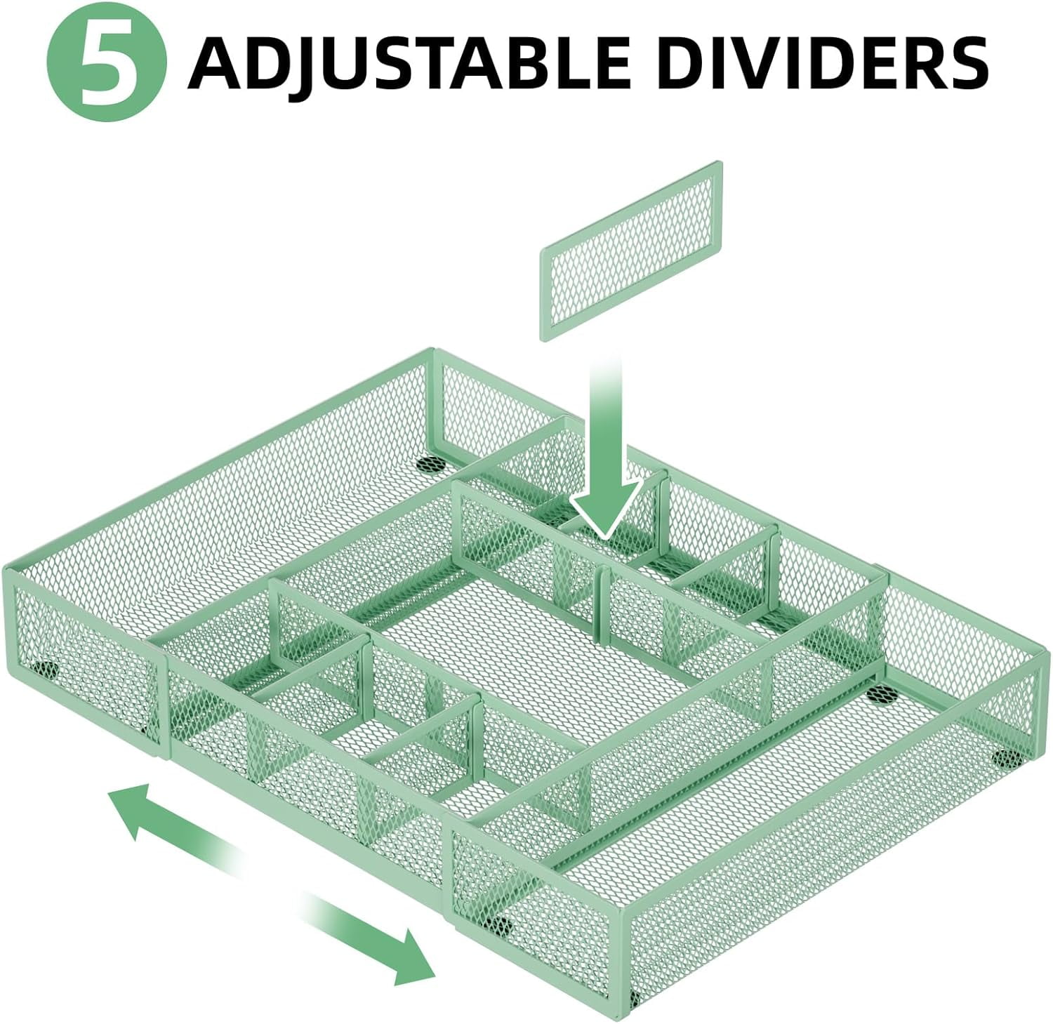 Expandable Desk Drawer Organizer, Mesh Drawer Organizer Tray with 10 Adjustable Compartments, Desk Organizers and Accessories for Office Supplies, Makeup & Vanity (Expandable-Green 2pack)