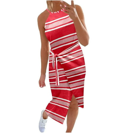 

Maxi Dress for Women White Dress Women Women s New Fashion Halter Neck Sleeveless Striped Printing Leisure Dress Savings Clearance Deals Maternity Dress for Photoshoot Girls Dresses Red 2XL