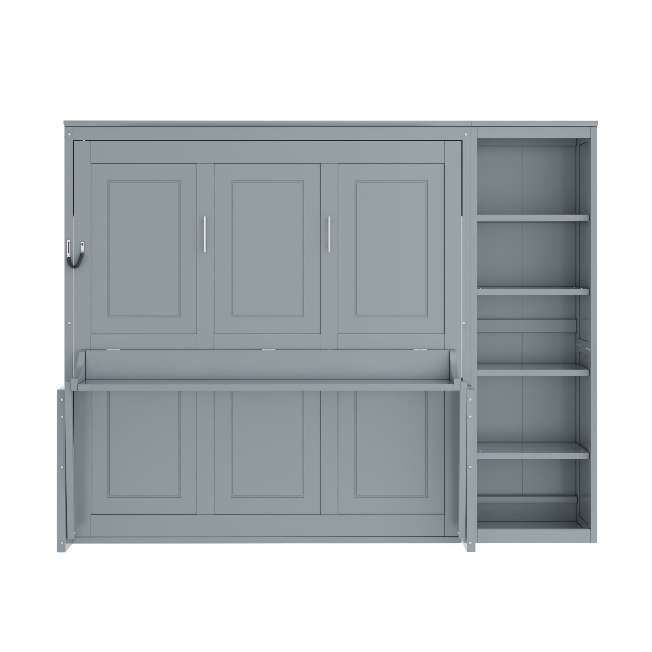 Noble House Zovaro Queen Murphy Bed with Built-in Desk and Integrated Side Bookshelf, Space-Saving Wall Bed, Gray