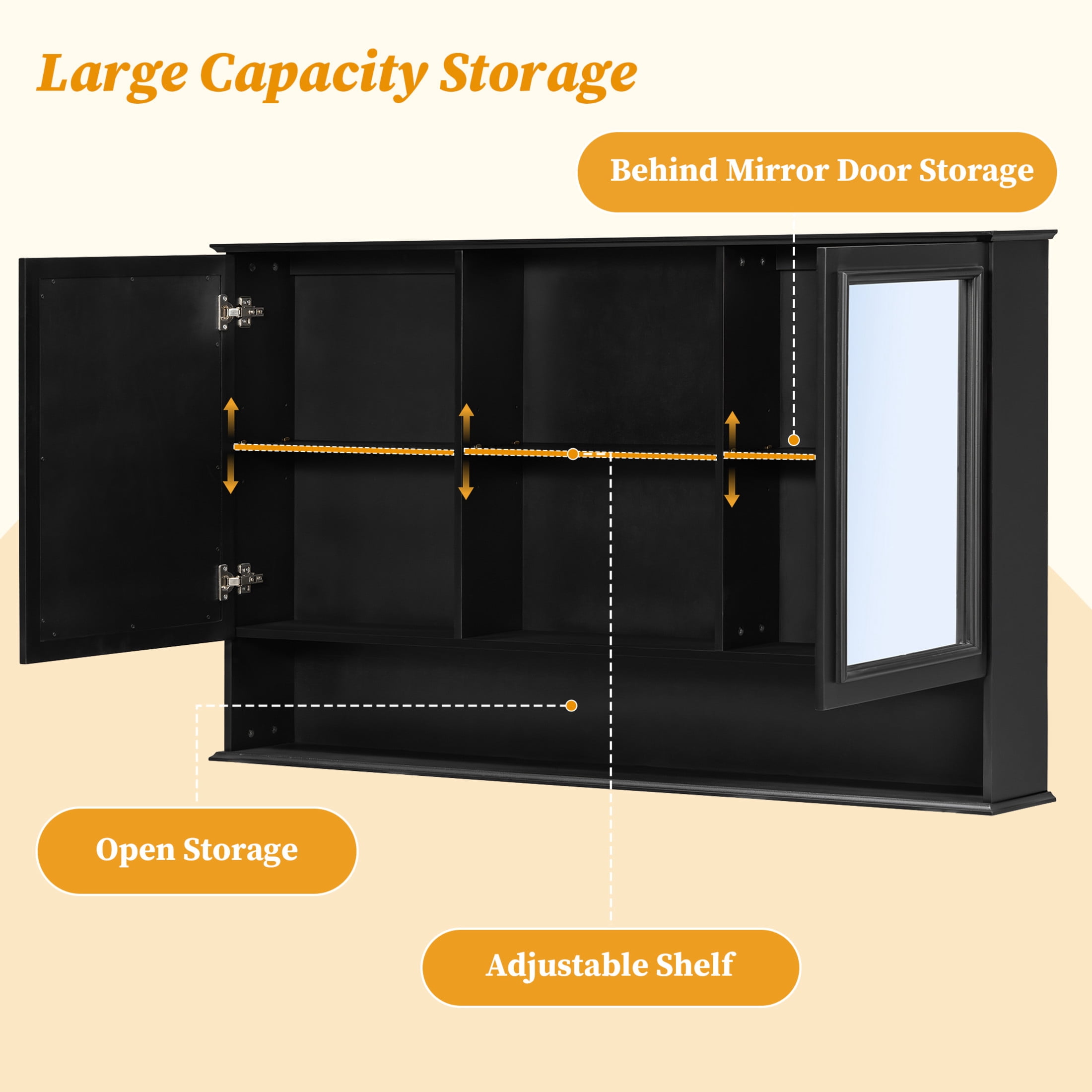 Christopher Knight Home 60" Wall-Mounted Bathroom Storage Cabinet with Double Mirrored Doors, Black
