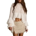 thumbnail image 2 of Women's Chiffon Long Sleeve Elegant Crop Pullover Round Neck Top Ruffled Blouse for Casual White S, 2 of 10