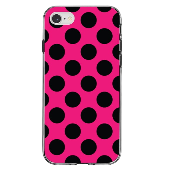 DistinctInk Clear Shockproof Hybrid Case for iPhone 7 8 SE (2020 Model) 4.7" Screen TPU Bumper Acrylic Back Tempered Glass Screen Protector - Black & Hot Pink Polka Dots