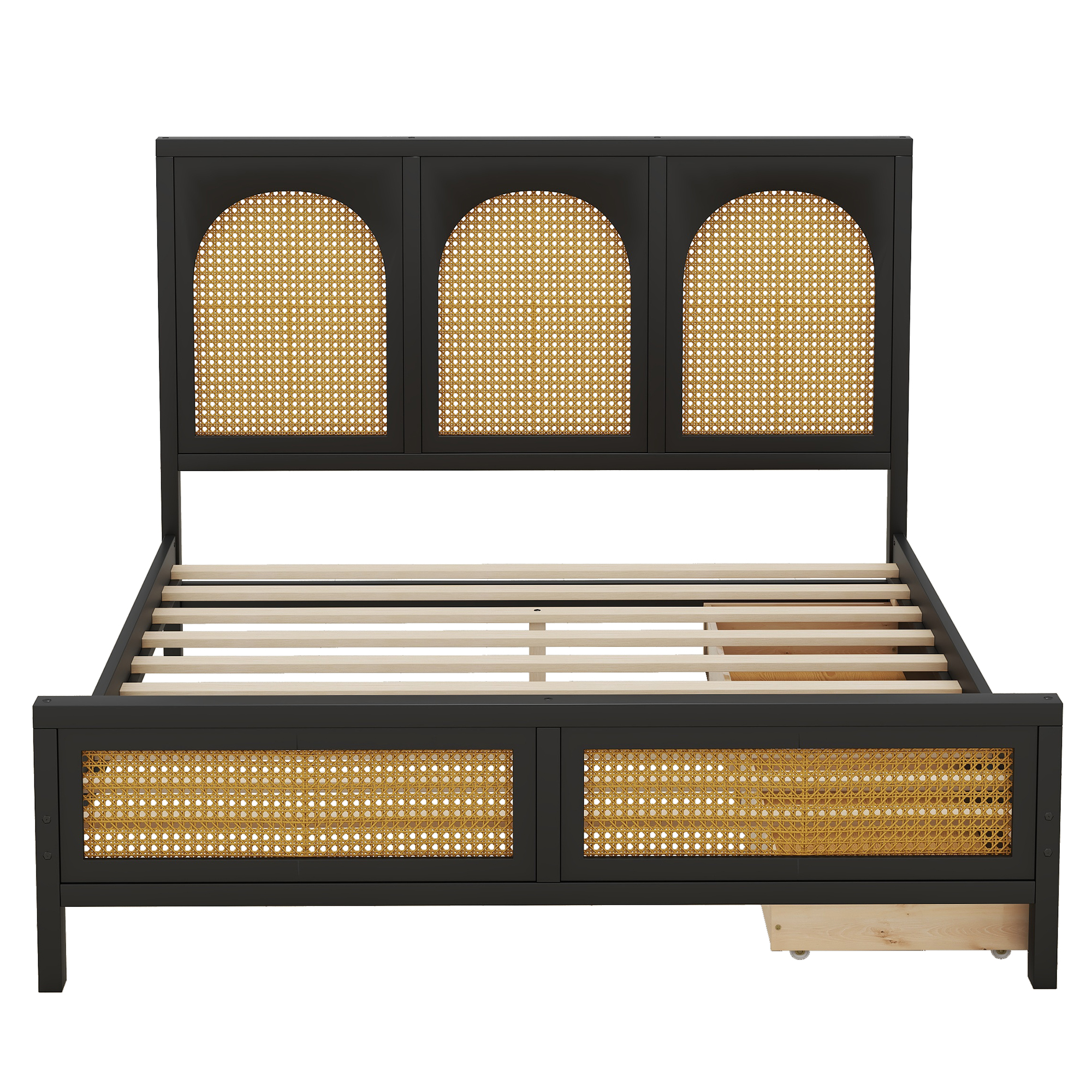 Euroco Full Size Platform Bed with 2 Drawers, Rattan and Wood Frame for Kids Teens, Black