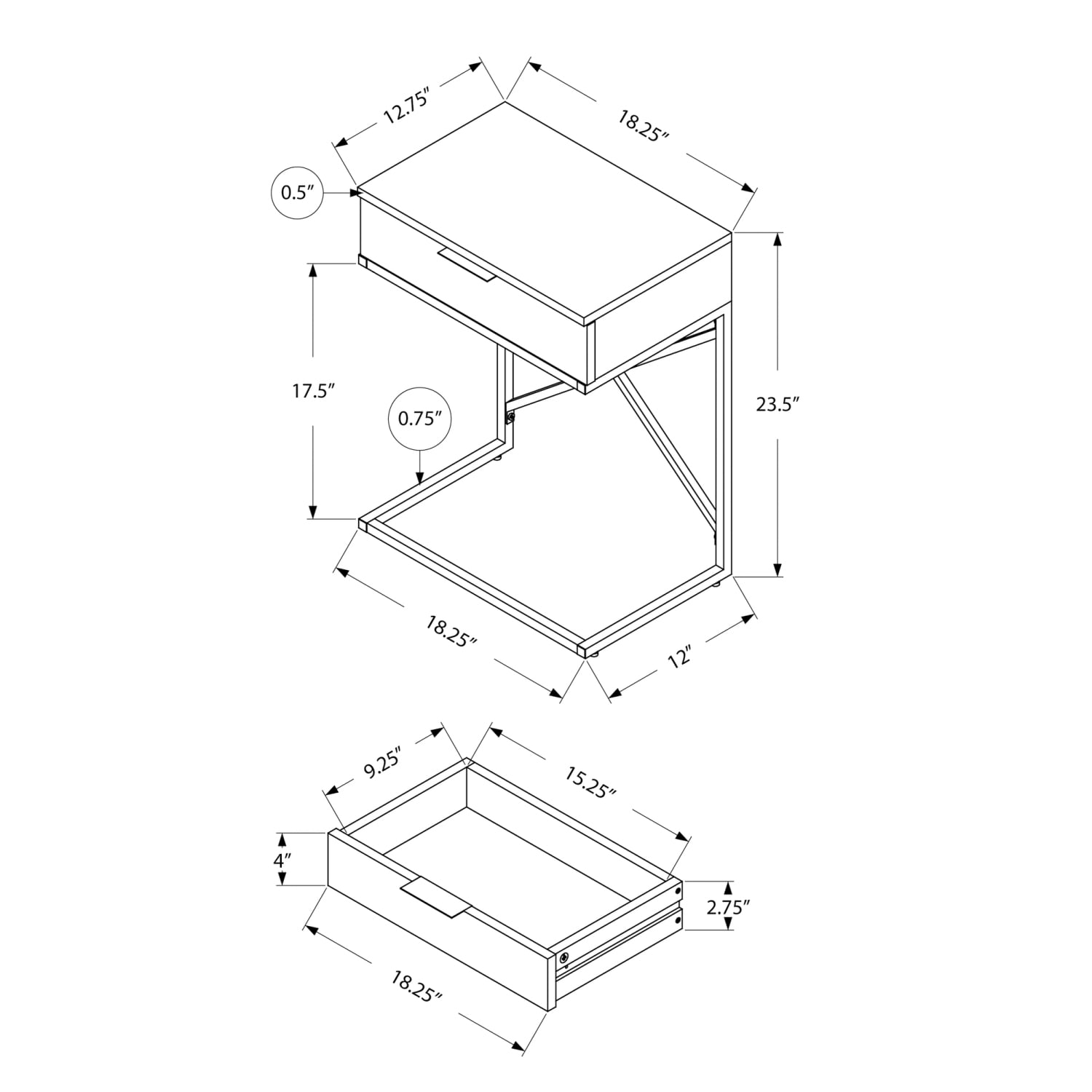 Modern Grey Storage Accent Table, Contemporary Side End Table with Drawer, Chrome Metal, for Living Room and Bedroom