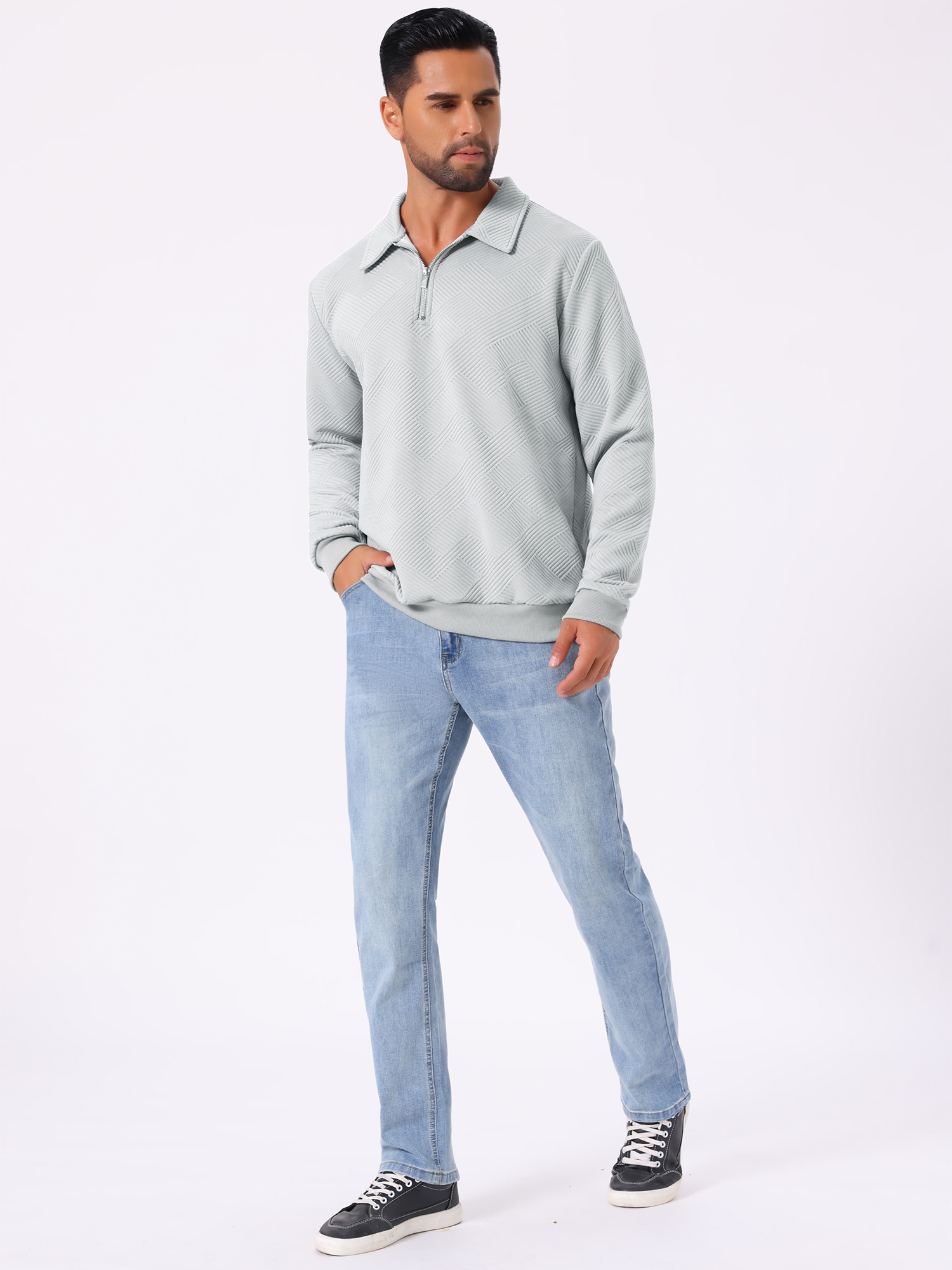 DARING DIVA Zip Pullover Long Sleeve Knitted Sweatshirts 2XL Light Gray