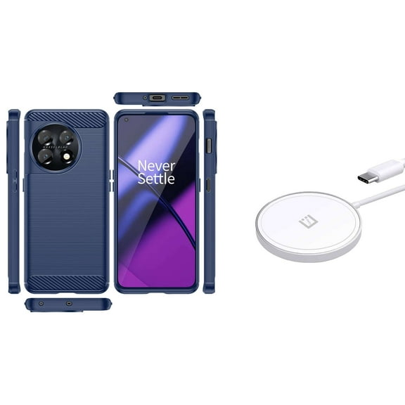 BD Flexible Cover Designed for OnePlus 11 5G Case - (Dark Navy Blue) Slim TPU Armor Carbon Fiber Case with 15W Magnetic High Powered Fast Charging Wireless Charger