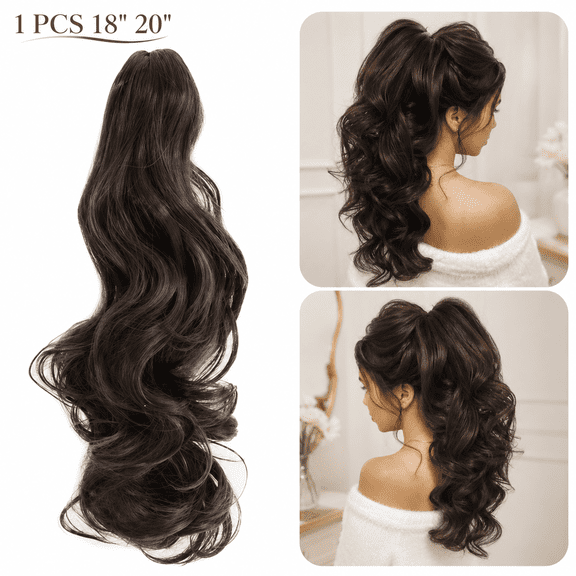 SIISLL Ponytail Extension Claw 18" 20" Curly Wavy Straight Clip in Hairpiece One Piece A Jaw Long Pony Tails for Women Dark Brown 1 Pcs