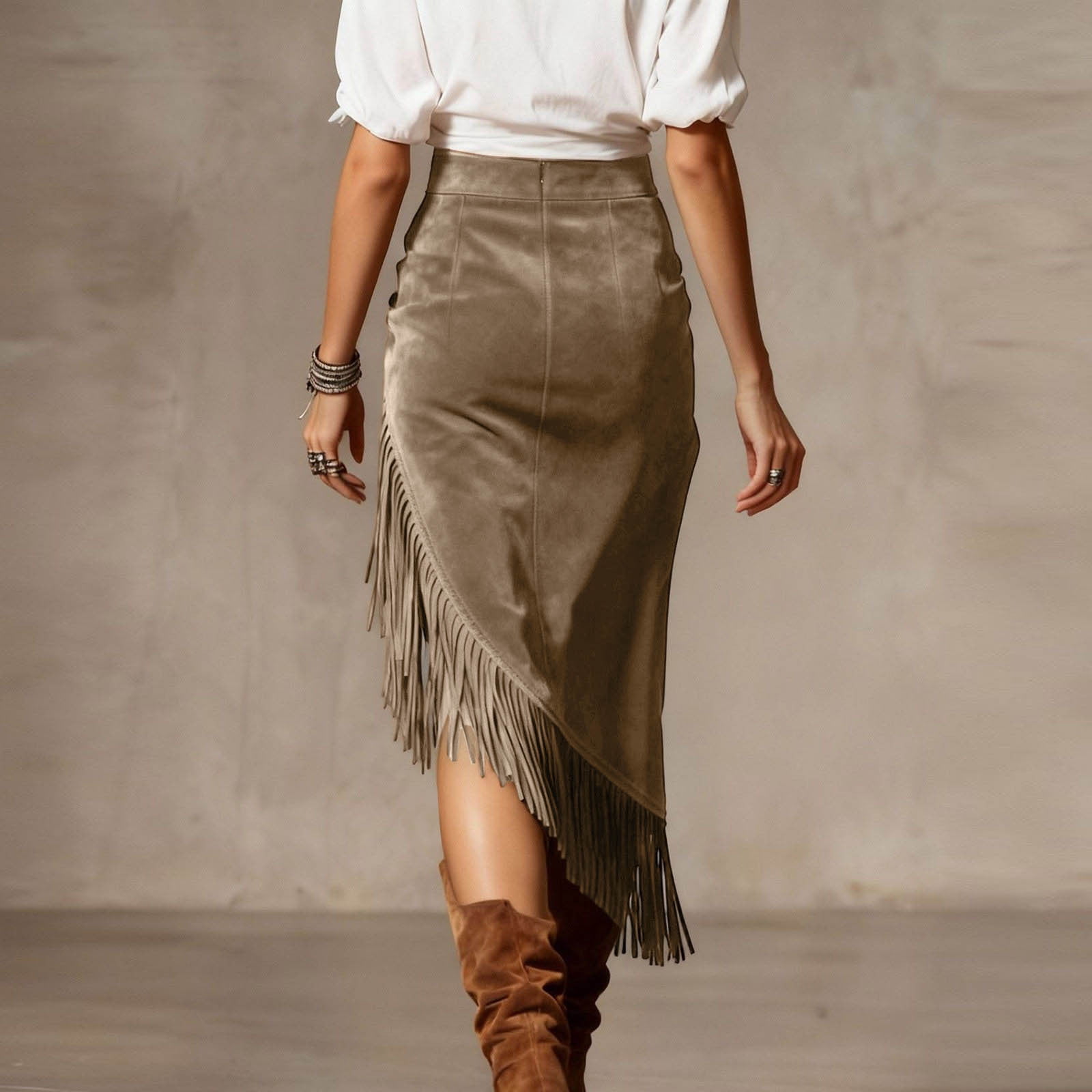 Women's Fringe Suede Maxi Skirt Western Style Asymmetric Ruched Bodycon Side Slid Cowgirl Tassel Long Skirts