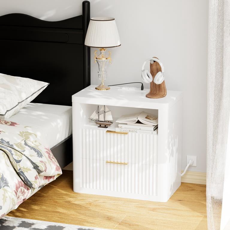Lacoo End Table with Lights & Power Outlet, Fluted Nightstand with 2 Drawers for Bedroom, Sofa Side End Table for Living Room, White