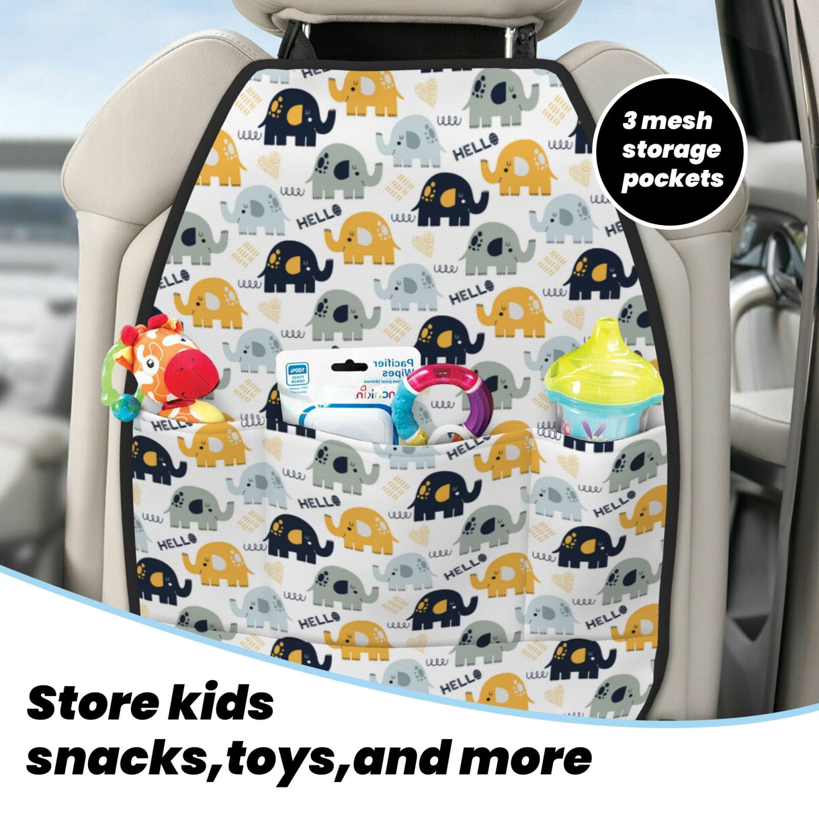 Kdxio Cute Elephant Print 2 Pack Car Kick Mat Seat Cover Back Protector Mat with Pockets for Organizer Backseat Protector and Storage Anti Kick Pad for Vehicles