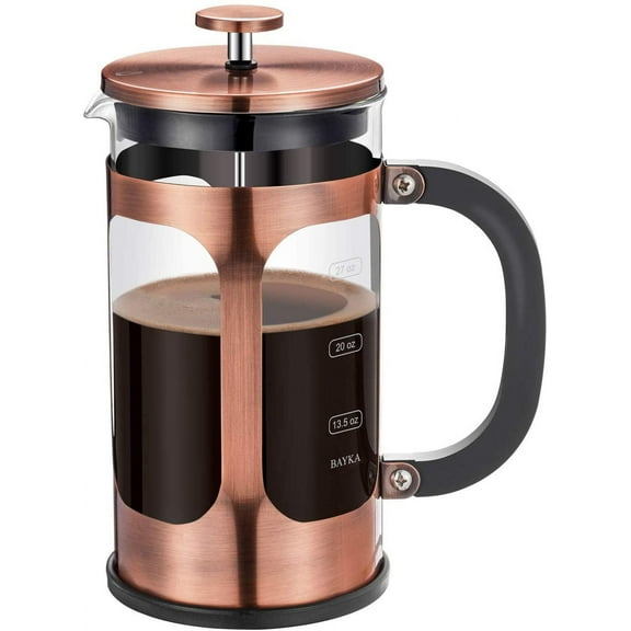 BAYKA French Press Coffee Tea Maker, 304 Stainless Steel Coffee Press with 4 Level Filtration System, Heat Resistant Thickened Borosilicate Glass, 34 Ounce, Copper
