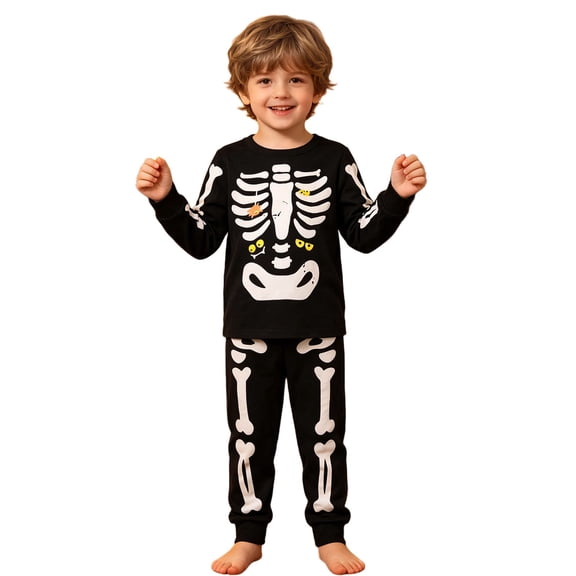 Halloween Sleepwear Set for Little Boy Skeleton Prnit Crewneck Long Sleeve And Pants For Kids 2PC Casual Homewear Set Size 8T