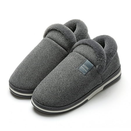

Couples Men Slip On Furry Plush Flat Home Winter Round Toe Keep Warm Solid Color Slippers Shoes Dark Gray 10.5