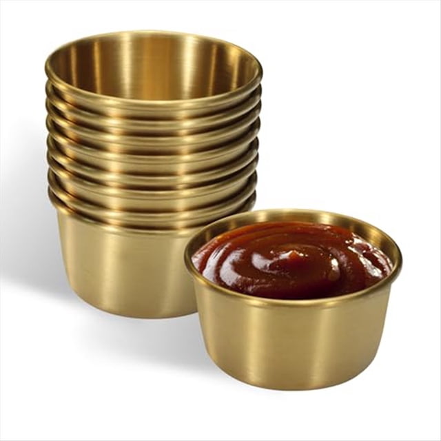 6 Tazas de Salsa para Mojar Acero Inoxidable 2 Onzas, Mini Tazones Salsa, Condimentos Metal Reutilizables, Recipientes Ramequines (Dorados)