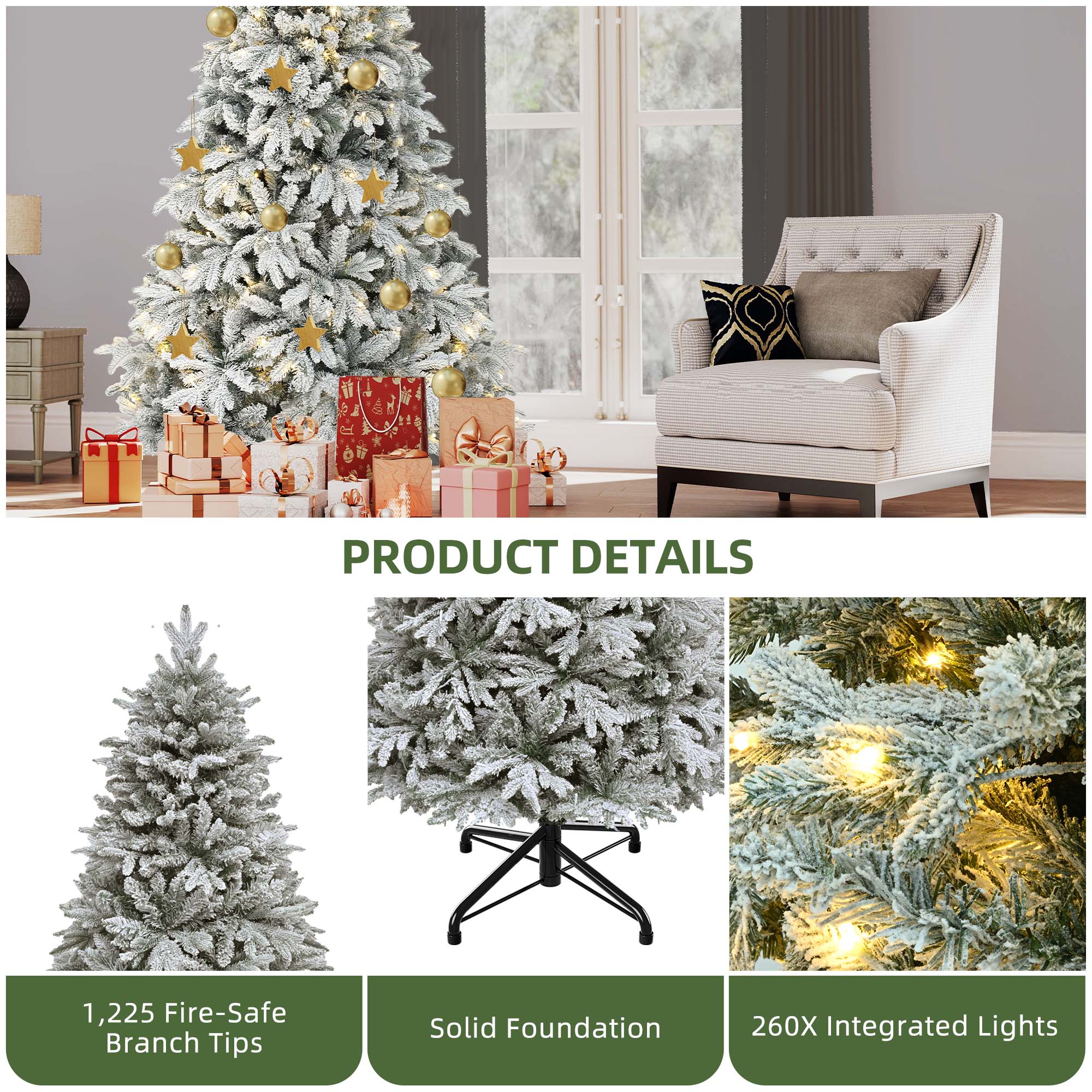 Uforic 6ft Pre-Lit Hinged Flocked Artificial Christmas Tree with 1225 PE & PVC Mixed Tips & 260 Lights, Canaan Fir Christmas Tree, Remote Control, 11 Light Modes, White Flocked