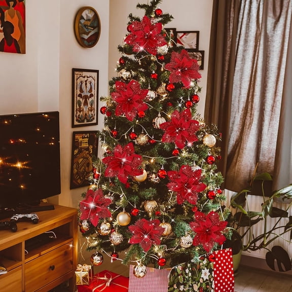 20 Pcs Glitter Artificial Christmas Flowers, 5.5" Christmas Poinsettia Flowers for Christmas Tree Party Stairs Fireplace Porch Garden Church Wreath Decoration(Red)