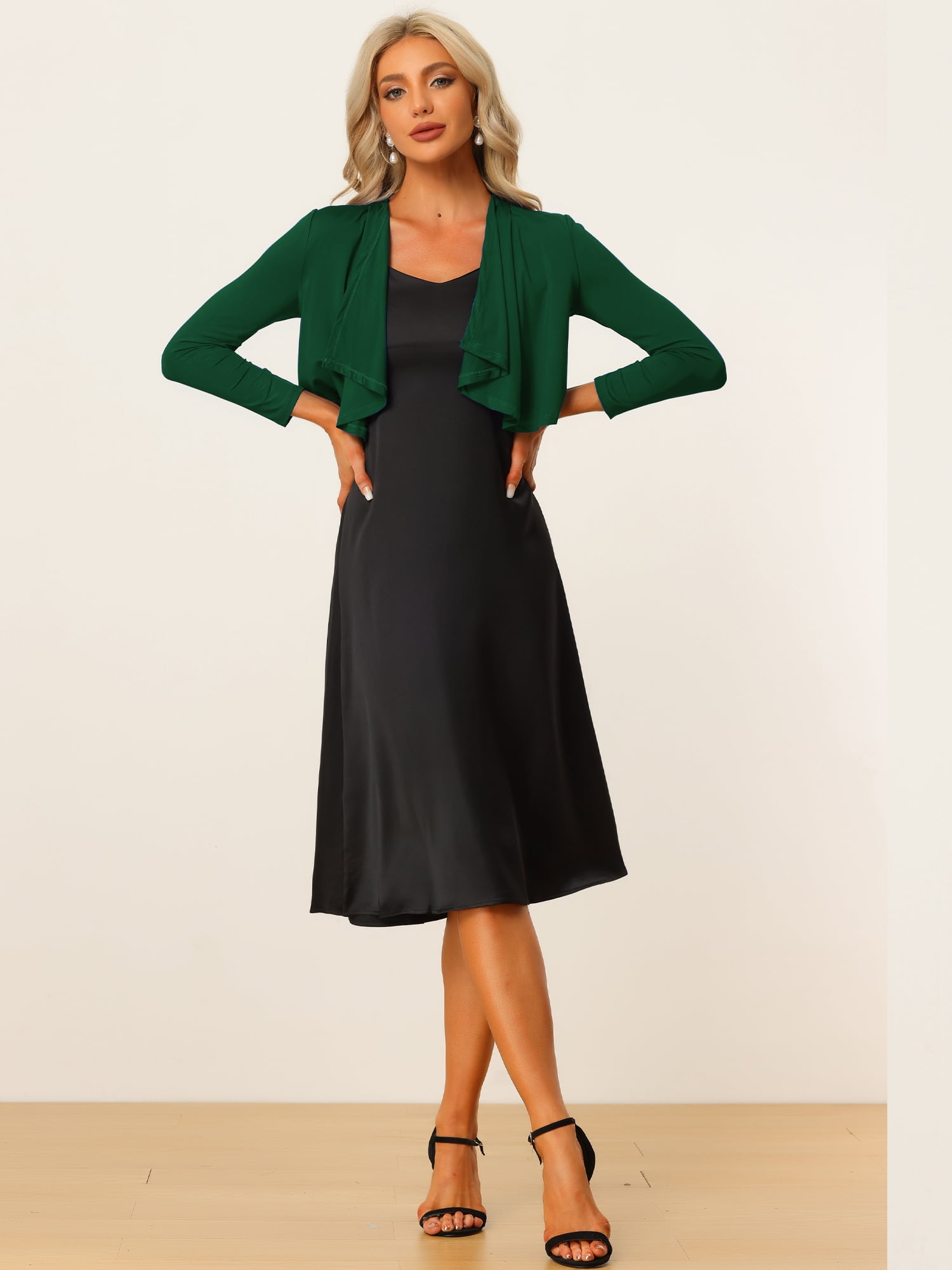 Unique Bargains Women's Open Front Drape Bolero Shrug Crop Cardigan M Dark Green