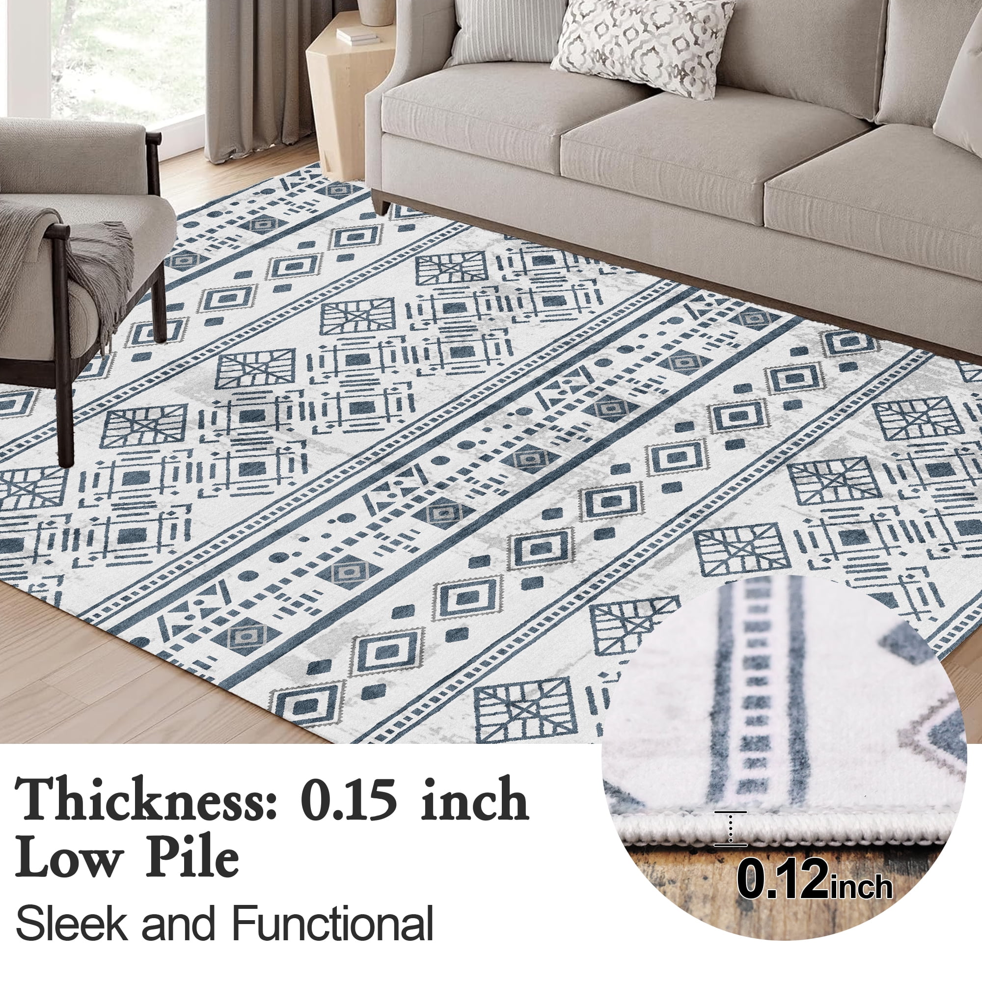 Black Boho 6x9 Area Rugs, Washable Kitchen Entry Rug Non Slip, Ultra Soft Print Distressed Geometric Low-Pile Throw Carpet for Bedroom Nursery Dorm Decor
