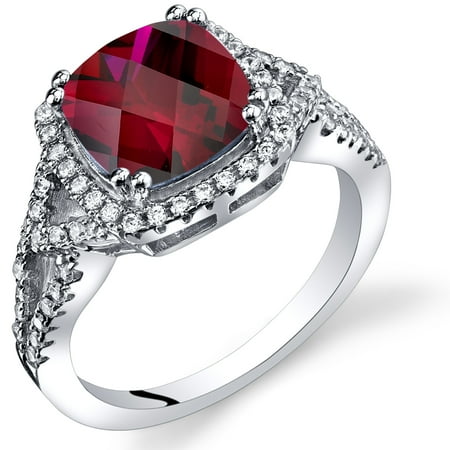 - 3.00 Carats Cushion Cut Created Ruby Checkerboard Ring in Sterling Silver