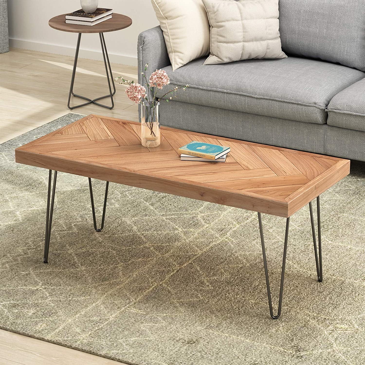 Modern Wood Coffee Table, Nature Cocktail Table for Living Room Chevron