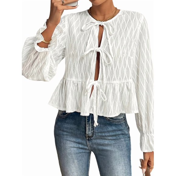 Womens Tie Front Tops Babydoll Puff Long Sleeve Blouse Y2k Shirt