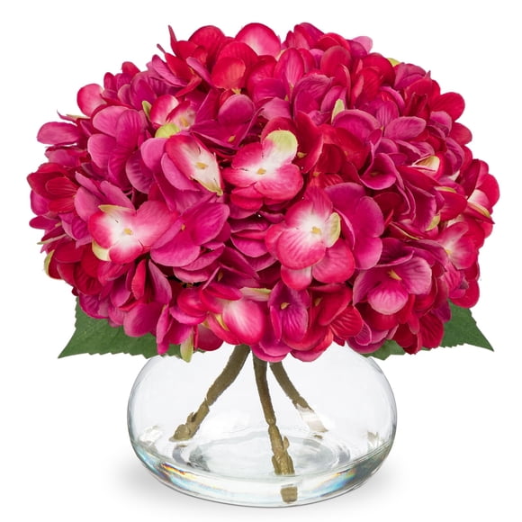 Flores artificiales Hollyone Hydrangea con jarrón de cristal fucsia