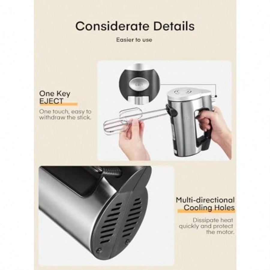 Hand Mixer Electric Handheld 6 Speed and Turbo Electric Mixer 300W Handheld Mixer with 2 Stainless Steel Whisk and 2 Dough Hook for Whipping Mixing Cookies Brownie Cakes Dough Batters Silver