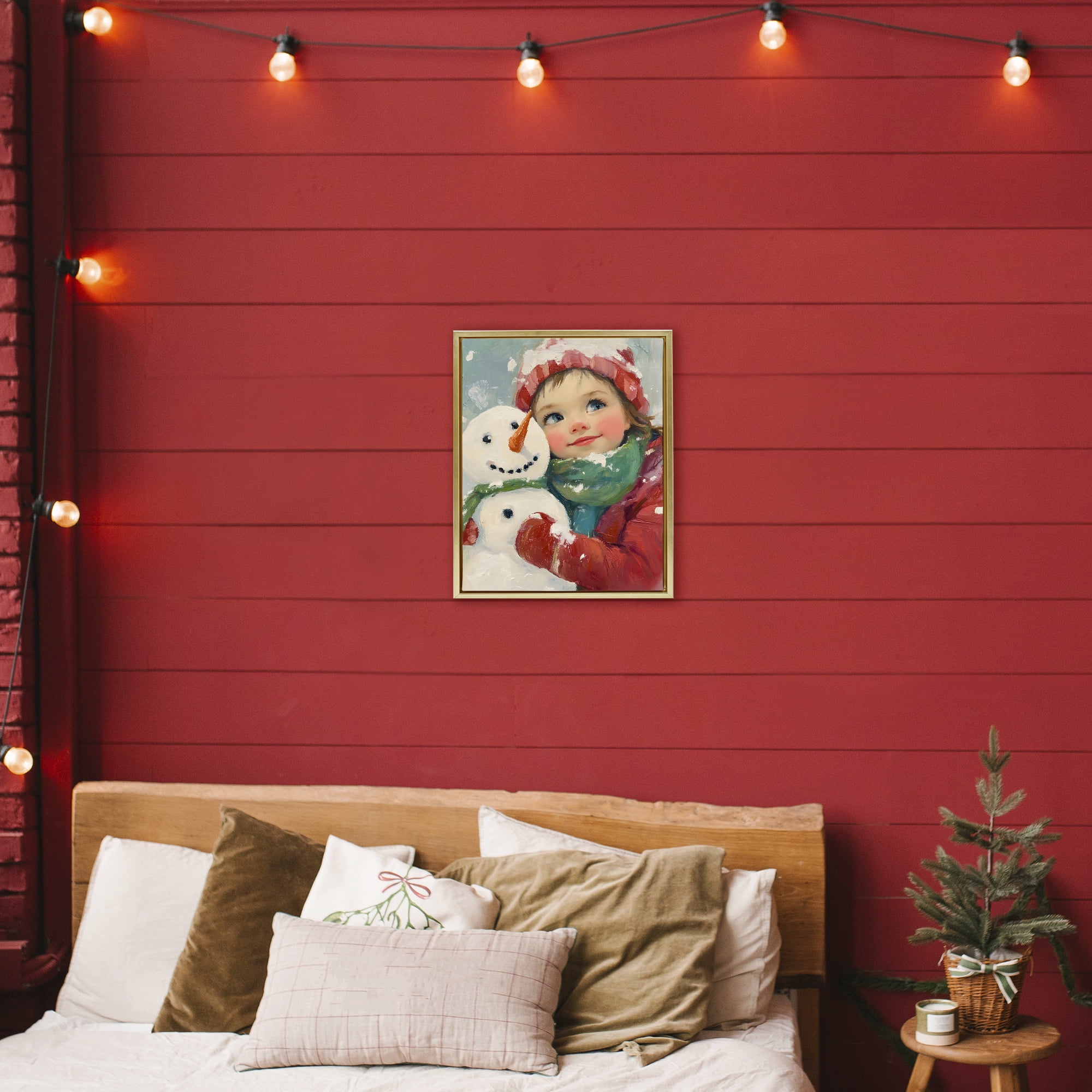 Stupell Industries Christmas Girl & Snowman Embrace Gold Framed Floater Canvas Wall Art, design by The Prints Vibe