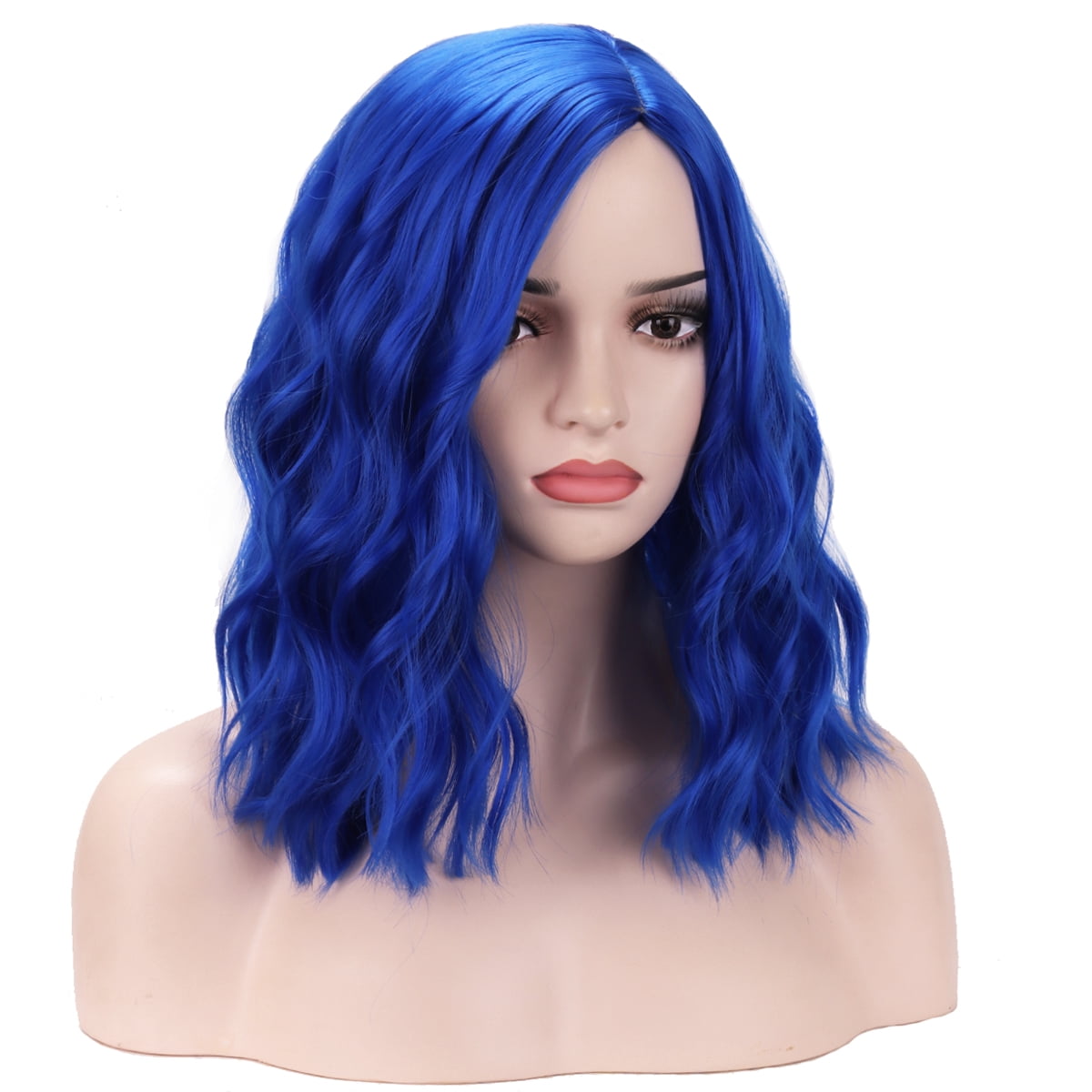 RightOn 14" Women Girls Blue Wig Short Curly Wig Dark Blue Bob Wig Blue Hair Wig Charming Beach Wave Wigs with Wig Cap