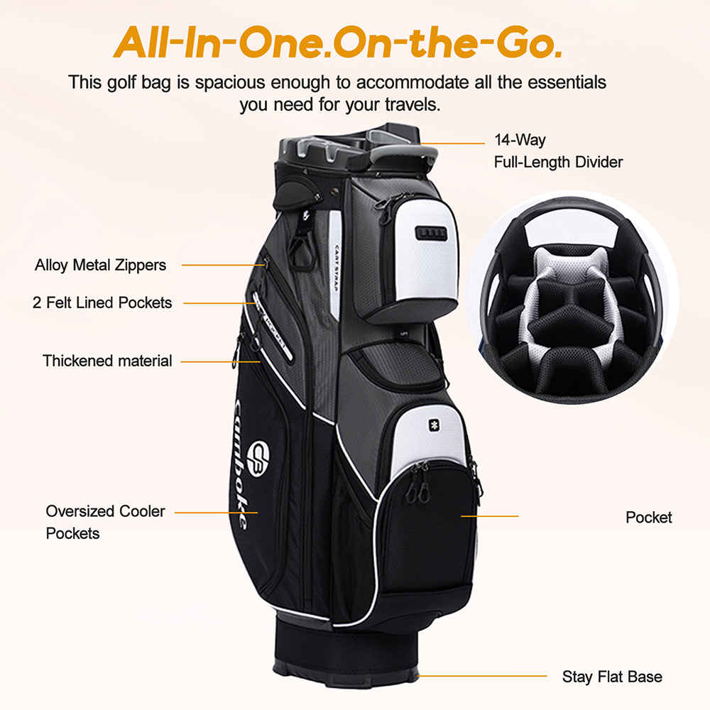 14-Way Golf Cart Bag with Full-Length Dividers - Oversized Cooler Pockets, Felt-Lined Storage, Cart-Friendly Design