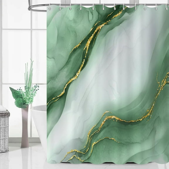 Dark Green Modern Shower Curtain, Green Mix Gold Ombre Marble Texture Luxury Bathroom Curtain Waterproof Fabric Machine Washable with Hooks, 36" Wx72 L