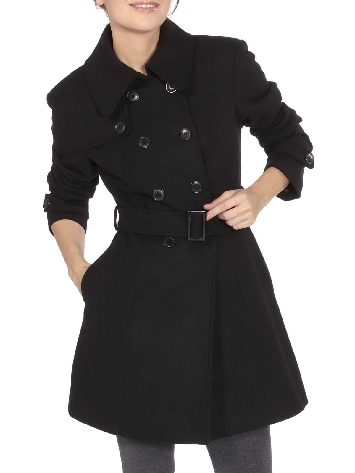 XQS Womens Outwear Wool Blend Trench Coat Double Breasted Solid Overcoat 