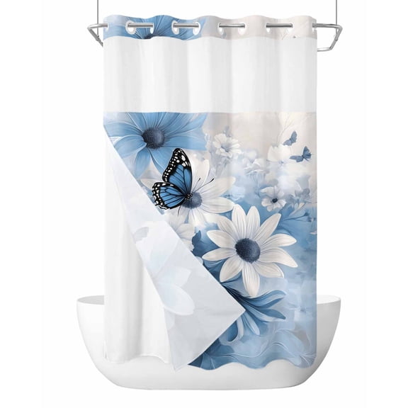 No Hook Cloth Fabric Shower Curtain with Snap in Liner, Blue White Floral Waterproof Shower Curtains Set with See Through Top Window, Elegant Rustic Butterfly Botanical Bath Curtains Shower 54"x78"