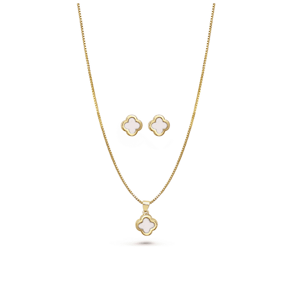 LIVYEN 18K Gold Plated Clover Jewelry Set, Pendant Necklace and Matching Earrings, Mother-of-Pearl, 2 pieces Set