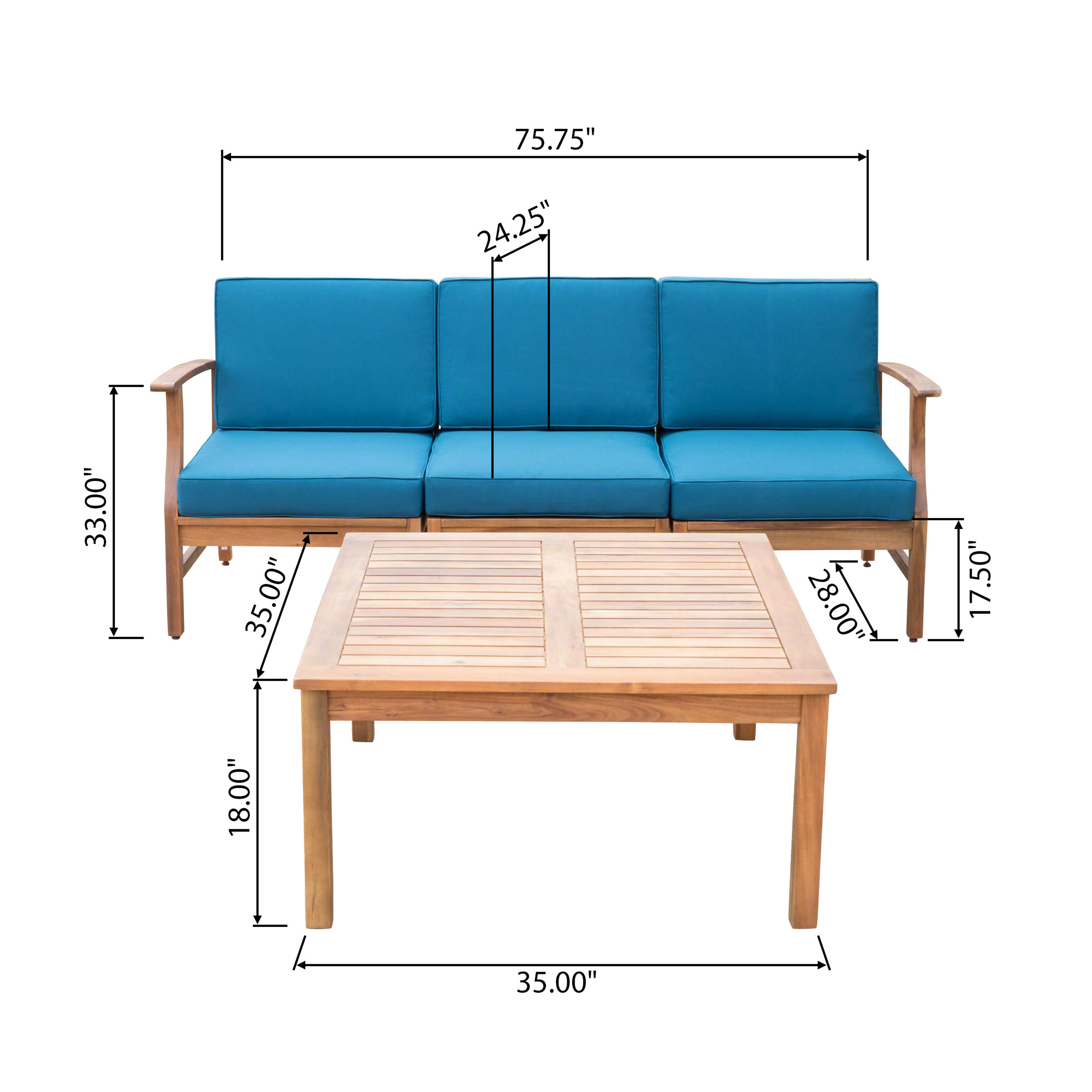 Bodhi Outdoor 3 Seater Acacia Wood Sofa and Table Set with Cushions, Teak, Blue