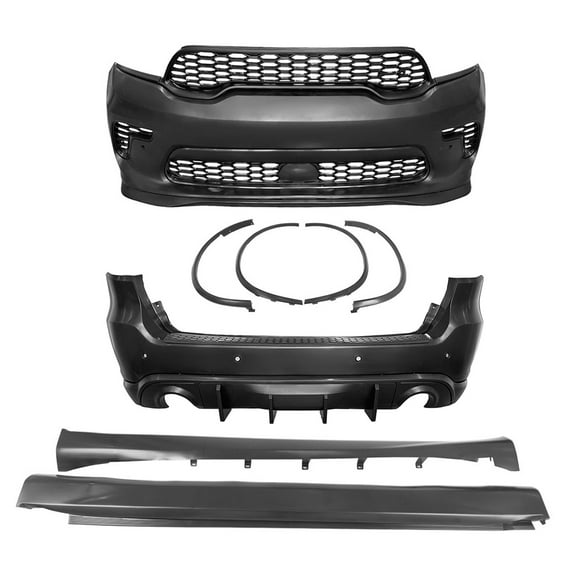 Ikon Motorsports Front   Rear Bumper Cover with V2 5PC Diffuser Lip   Fender Flares   Side Skirts Compatible with 2021-2026 Dodge Durango, Hellcat Style PP Conversion with Factory Style Step Pad