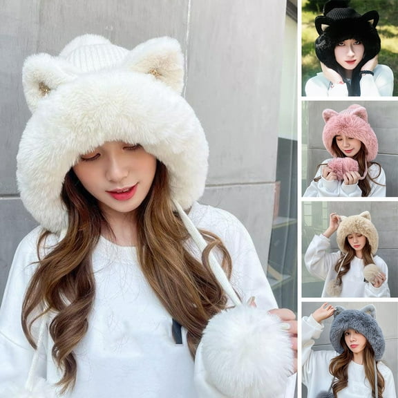 Hadanceo Ladies Winter Hat Thick Plush Cartoon Ear Decor Knitted Thickened Ear Protection Sequin Drawstring Cold Resistant Plush Ball Decor Lady Outdoor Cap