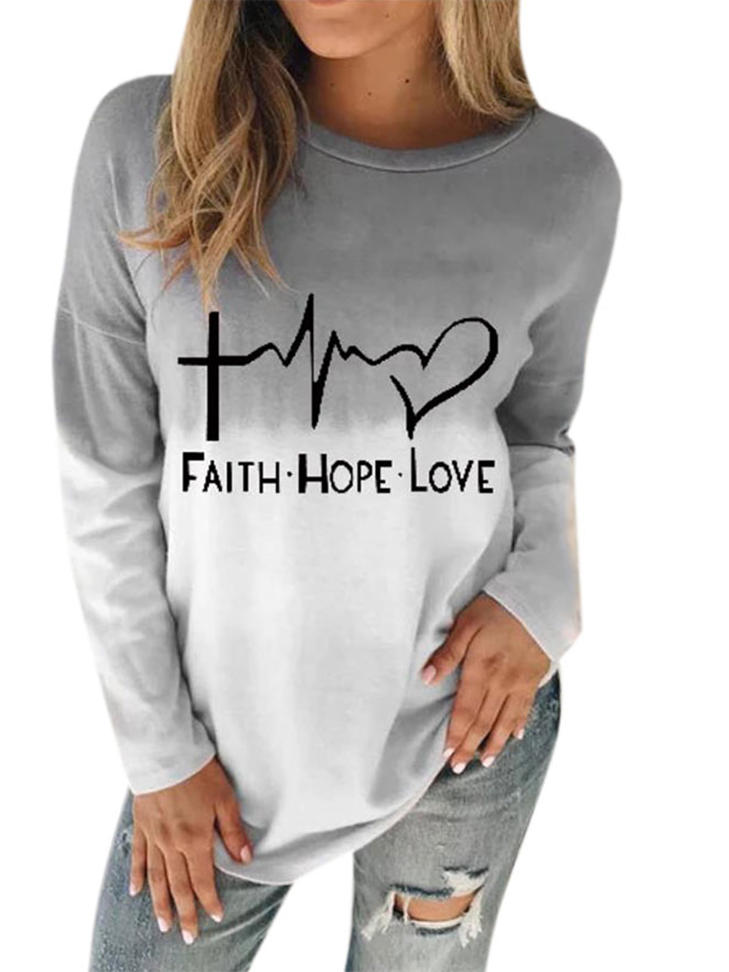 Mansy Women's Letter Print Faith Long Sleeve Casual Pullover Sweatshirt Tops with Pockets