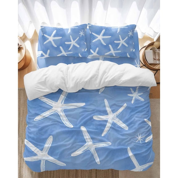 Summer Blue Bedding Duvet Cover Set Twin Size 4 Pieces White Starfish Ocean Marine Life Coastal Bedding Set with Zipper Closure, 1 Comforter Cover 68x86 Inches 1 Flat Sheet & 2 Pillow Cases