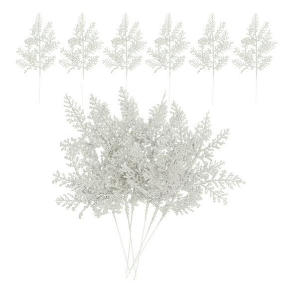 Uxcell Glitter Artificial Pine Needles, Christmas Glitter Pine Stems Branches Fake Floral Twig Leaves Faux Cedar Picks White 24 Pcs