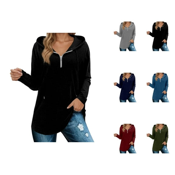 Quarter Zip Pullover Women 2025 Fall Winter Long Sleeve Plain Hoodie Hooded Sweatshirt Pullover Tops