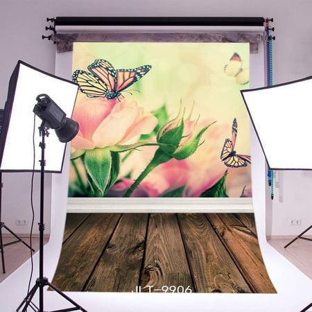 Image of ABPHOTO 5x7ft Photography Backdrops Bokeh Halos Valentine s Day Fresh Pink Rose Flowers Butterfly Vintage Wood Floor Seamless Newborn Baby Toddlers Lover Portraits
