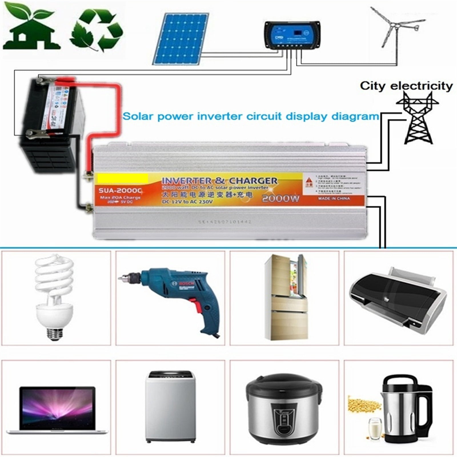 Inverter 12v Hybrid Solar Power Inverter Charger Voltage Transformer USB 500W 1000W 2000W Converter Adapter Home ,Multiple Safety Protections